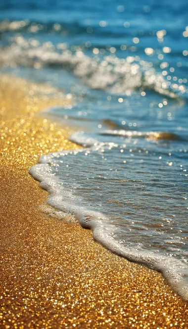 The golden glitter of the beach is shining on the water, creating an ocean wave with a sparkling gold and yellow color scheme. The background features sandy beaches and clear blue waters, adding depth to the scene. This image can be used as a wallpaper or cover for digital media, showcasing its vibrant colors and shimmering effects.