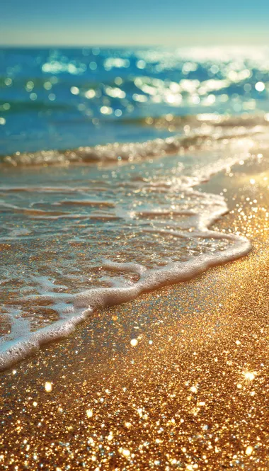 The golden glitter of the beach is shining on the water, creating an ocean wave with a sparkling gold and yellow color scheme. The background features sandy beaches and clear blue waters, adding depth to the scene. This image can be used as a wallpaper or cover for digital media, showcasing its vibrant colors and shimmering effects.