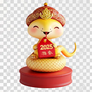 A cute, cartoon-style golden snake sitting on a red pedestal, wearing a traditional Vienam red hat with golden patterns, cheerful expression, blushing cheeks, holding a red tag with the number ''2025'' in bold gold letters, finely detailed scales, bright and festive color palette, vibrant lighting, symbolizing Happy New Year celebration, traditional Asian art vibes, highly detailed and polished 3D render, warm and happy atmosphere, smooth white background, no text except the ''2025'' on the tag