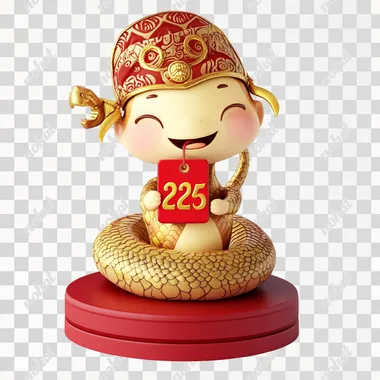 A cute, cartoon-style golden snake sitting on a red pedestal, wearing a traditional Vienam red hat with golden patterns, cheerful expression, blushing cheeks, holding a red tag with the number ''2025'' in bold gold letters, finely detailed scales, bright and festive color palette, vibrant lighting, symbolizing Happy New Year celebration, traditional Asian art vibes, highly detailed and polished 3D render, warm and happy atmosphere, smooth white background, no text except the ''2025'' on the tag