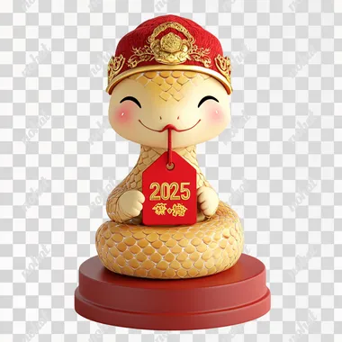 A cute, cartoon-style golden snake sitting on a red pedestal, wearing a traditional Vienam red hat with golden patterns, cheerful expression, blushing cheeks, holding a red tag with the number ''2025'' in bold gold letters, finely detailed scales, bright and festive color palette, vibrant lighting, symbolizing Happy New Year celebration, traditional Asian art vibes, highly detailed and polished 3D render, warm and happy atmosphere, smooth white background, no text except the ''2025'' on the tag