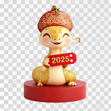 A cute, cartoon-style golden snake sitting on a red pedestal, wearing a traditional Vienam red hat with golden patterns, cheerful expression, blushing cheeks, holding a red tag with the number ''2025'' in bold gold letters, finely detailed scales, bright and festive color palette, vibrant lighting, symbolizing Happy New Year celebration, traditional Asian art vibes, highly detailed and polished 3D render, warm and happy atmosphere, smooth white background, no text except the ''2025'' on the tag