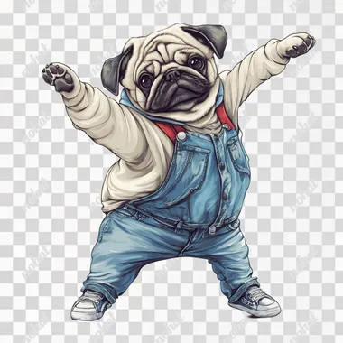 a pug is dancing hip hop, white background