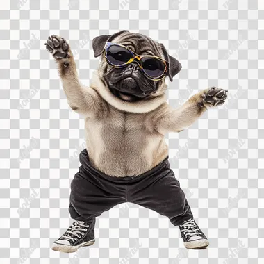 a pug is dancing hip hop, white background