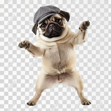 a pug is dancing hip hop, white background