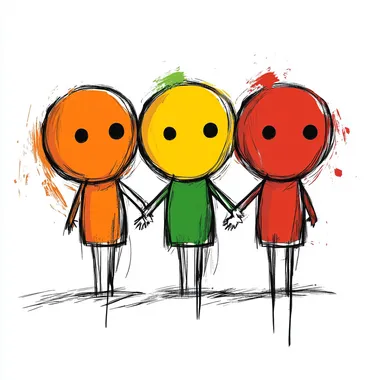 T shirt, simple line drawing of the peizoz style cartoon characters standing in a row with their hands together on white background, the colors should be red yellow. green and orange., white