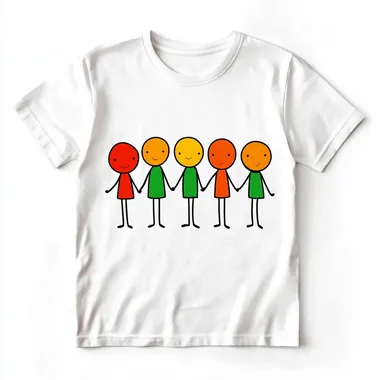 T shirt, simple line drawing of the peizoz style cartoon characters standing in a row with their hands together on white background, the colors should be red yellow. green and orange., white