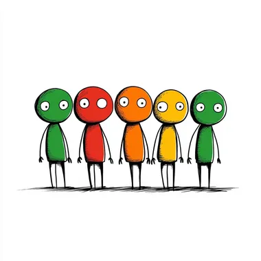 T shirt, simple line drawing of the peizoz style cartoon characters standing in a row with their hands together on white background, the colors should be red yellow. green and orange., white