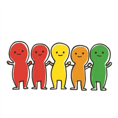 T shirt, simple line drawing of the peizoz style cartoon characters standing in a row with their hands together on white background, the colors should be red yellow. green and orange., white