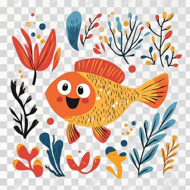 Bright, cute fish and smiling face , cartoon style , white background , clip art