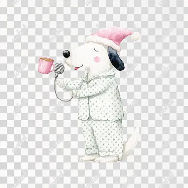 watercolor illustration of a dog singing in a microphone in pajamas with a nightcap, side view. Whimsical, friendly, and minimalistic. Isolated on white background  rofile ehj1wir