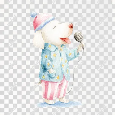 watercolor illustration of a dog singing in a microphone in pajamas with a nightcap, side view. Whimsical, friendly, and minimalistic. Isolated on white background  rofile ehj1wir
