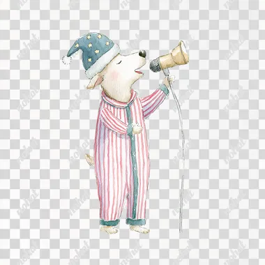 watercolor illustration of a dog singing in a microphone in pajamas with a nightcap, side view. Whimsical, friendly, and minimalistic. Isolated on white background  rofile ehj1wir