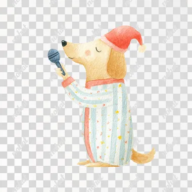 watercolor illustration of a dog singing in a microphone in pajamas with a nightcap, side view. Whimsical, friendly, and minimalistic. Isolated on white background  rofile ehj1wir