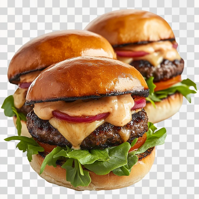 Juicy Burgers, isolated on white background, png image --ar 