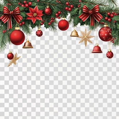 Festive Christmas garland with red balls, ribbons, and bells on a white background. Vector illustration of the top border of a festive Christmas card with a garland made from fir branches and hanging red ornaments. The composition is isolated against a clean white backdrop, leaving space for text or graphics in the foreground. The decoration includes red ball decorations tied to evergreen tree foliage, along with golden bows and jingling bells, creating an elegant and joyful atmosphere. Isolated on a white background. --s 250