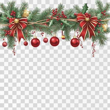 Festive Christmas garland with red balls, ribbons, and bells on a white background. Vector illustration of the top border of a festive Christmas card with a garland made from fir branches and hanging red ornaments. The composition is isolated against a clean white backdrop, leaving space for text or graphics in the foreground. The decoration includes red ball decorations tied to evergreen tree foliage, along with golden bows and jingling bells, creating an elegant and joyful atmosphere. Isolated on a white background. --s 250