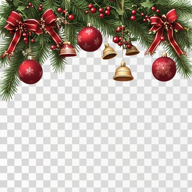 Festive Christmas garland with red balls, ribbons, and bells on a white background. Vector illustration of the top border of a festive Christmas card with a garland made from fir branches and hanging red ornaments. The composition is isolated against a clean white backdrop, leaving space for text or graphics in the foreground. The decoration includes red ball decorations tied to evergreen tree foliage, along with golden bows and jingling bells, creating an elegant and joyful atmosphere. Isolated on a white background. --s 250