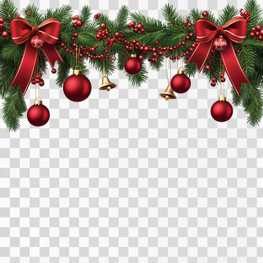 Festive Christmas garland with red balls, ribbons, and bells on a white background. Vector illustration of the top border of a festive Christmas card with a garland made from fir branches and hanging red ornaments. The composition is isolated against a clean white backdrop, leaving space for text or graphics in the foreground. The decoration includes red ball decorations tied to evergreen tree foliage, along with golden bows and jingling bells, creating an elegant and joyful atmosphere. Isolated on a white background. --s 250