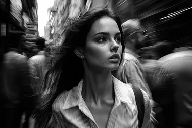 A black and white photograph of an elegant brunette woman walking through crowd, blurred motion, shot from street level, wearing modern attire, ethereal, passing through time and space, cinematic photography, contrast, grain    --s 300