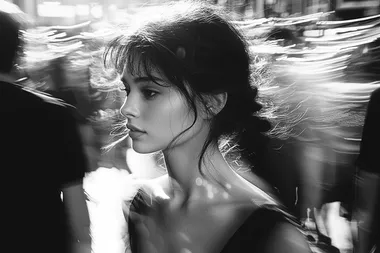 A black and white photograph of an elegant brunette woman walking through crowd, blurred motion, shot from street level, wearing modern attire, ethereal, passing through time and space, cinematic photography, contrast, grain    --s 300