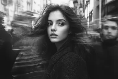 A black and white photograph of an elegant brunette woman walking through crowd, blurred motion, shot from street level, wearing modern attire, ethereal, passing through time and space, cinematic photography, contrast, grain    --s 300