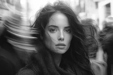 A black and white photograph of an elegant brunette woman walking through crowd, blurred motion, shot from street level, wearing modern attire, ethereal, passing through time and space, cinematic photography, contrast, grain    --s 300