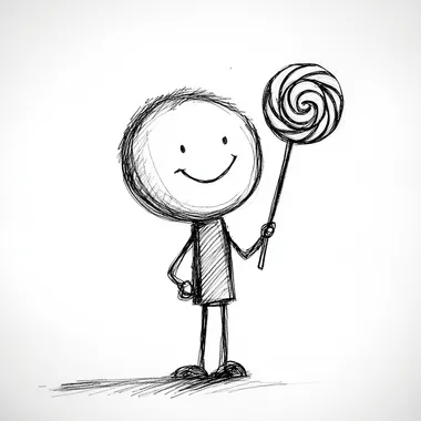White background, black and white style, simple drawing, children's drawing. A small cartoon figure in the shape of a stick figure is holding a lollipop