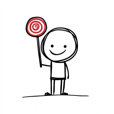 White background, black and white style, simple drawing, children's drawing. A small cartoon figure in the shape of a stick figure is holding a lollipop
