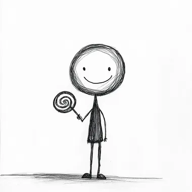 White background, black and white style, simple drawing, children's drawing. A small cartoon figure in the shape of a stick figure is holding a lollipop