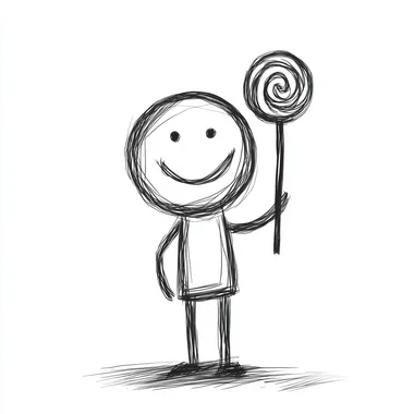 White background, black and white style, simple drawing, children's drawing. A small cartoon figure in the shape of a stick figure is holding a lollipop