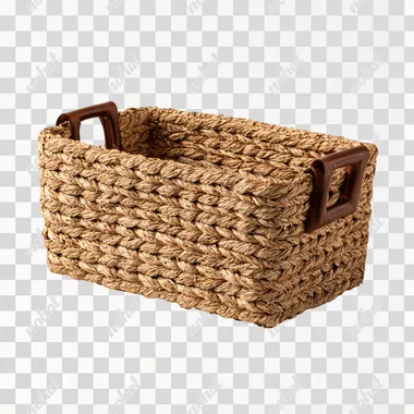 real photo of an empty light brown, rectangle hyacinth gift basket with brown side handles. white background