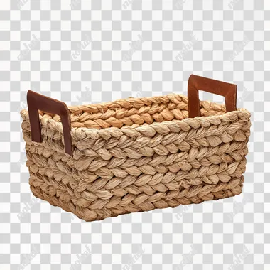 real photo of an empty light brown, rectangle hyacinth gift basket with brown side handles. white background