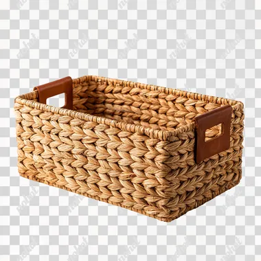 real photo of an empty light brown, rectangle hyacinth gift basket with brown side handles. white background