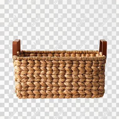 real photo of an empty light brown, rectangle hyacinth gift basket with brown side handles. white background
