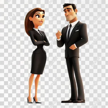 a man and a female talking bussiness, suits and ties,Standing on the road, white background, 3d style, pixar style