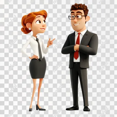 a man and a female talking bussiness, suits and ties,Standing on the road, white background, 3d style, pixar style