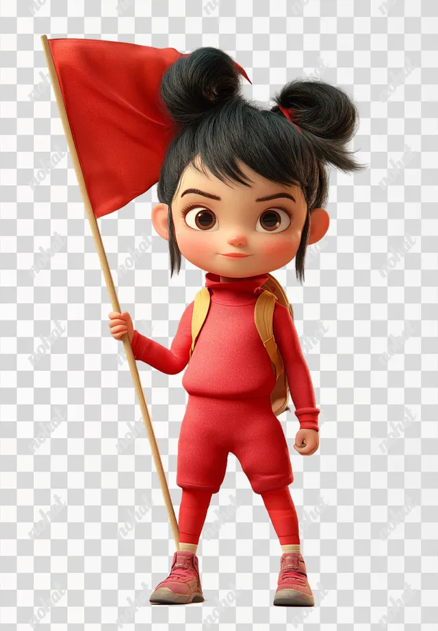 Joyful Girl in Red Sportswear Waving a Flag, Pixar Style