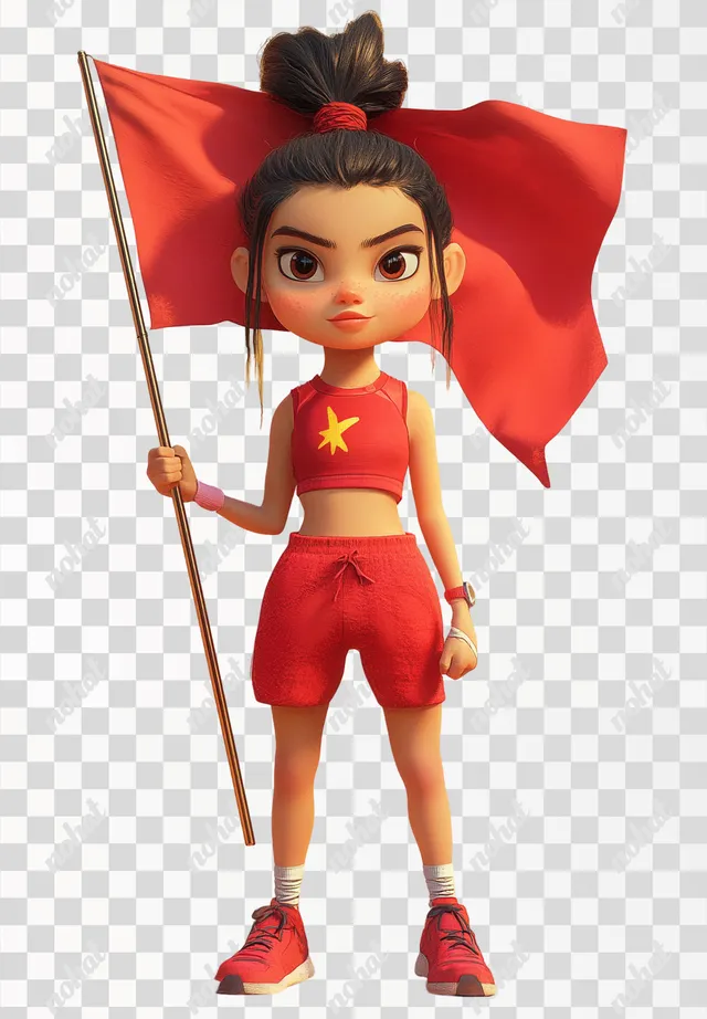 Pixar-Inspired Cheer: A Girl in Red with Her Flag