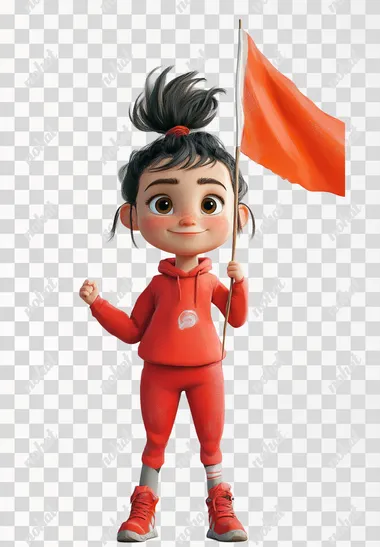 A cute girl holding a flag, wearing red sportswear, in the style of Pixar.