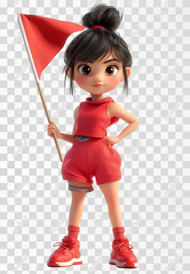 Pixar-Inspired Adventure: A Cheerful Girl with a Flag in Sportswear