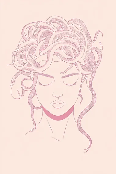 Minimalist Medusa Silhouette, hair of snakes, no facial features, thick solid pink line art on solid light pale pink background, abstract greek mythology illustration, simple minimalist,