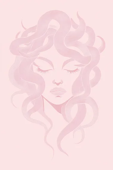Minimalist Medusa Silhouette, hair of snakes, no facial features, thick solid pink line art on solid light pale pink background, abstract greek mythology illustration, simple minimalist,