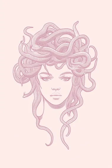 Minimalist Medusa Silhouette, hair of snakes, no facial features, thick solid pink line art on solid light pale pink background, abstract greek mythology illustration, simple minimalist,