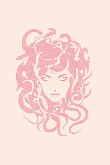 Minimalist Medusa Silhouette, hair of snakes, no facial features, thick solid pink line art on solid light pale pink background, abstract greek mythology illustration, simple minimalist,
