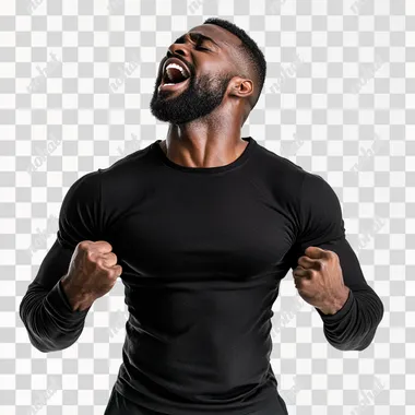 man standing hidden, in full black close,front photo, exulting his strength, white background, png