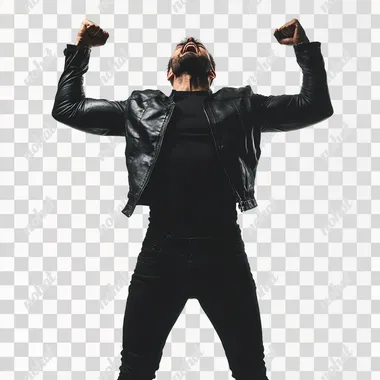 man standing hidden, in full black close,front photo, exulting his strength, white background, png