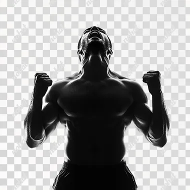 man standing hidden, in full black close,front photo, exulting his strength, white background, png