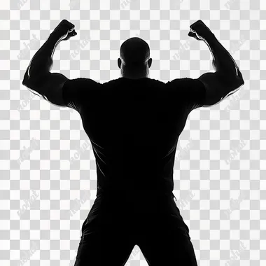 man standing hidden, in full black close,front photo, exulting his strength, white background, png
