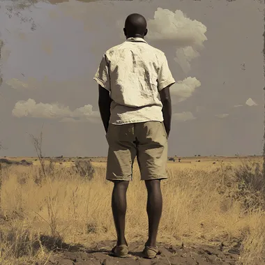 Photo realistic. Africa in the year 1914. A vibrant real scene in early 20th century East Africa. a male figure dressed as Kwai dresses, in a short sleeve white shirt tucked under khaki shorts. we see the whole man, from head to toe, looking tall and strong, looking towards the horizon. we see his back. He is wearing shoes.